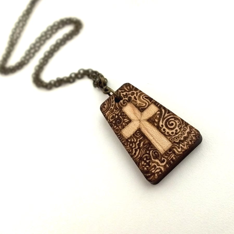 Pyrography patterned Crucifix. Christian Cross. Wooden pendant, faith necklace