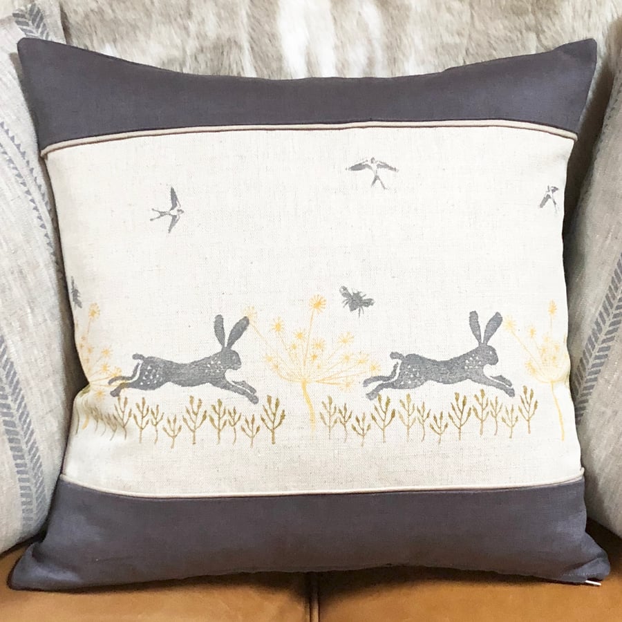 Decorative Hand Printed  Cushion-Leaping Wild Hare