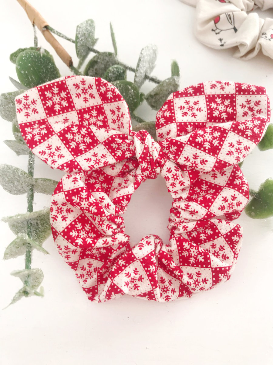 Mouse Ear Scrunchies in Cream and Red Christmas Snowflake Fabric