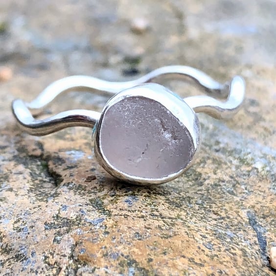 Pale Grey Sea Glass and Sterling Silver Wavy Ring - Size R - 1149