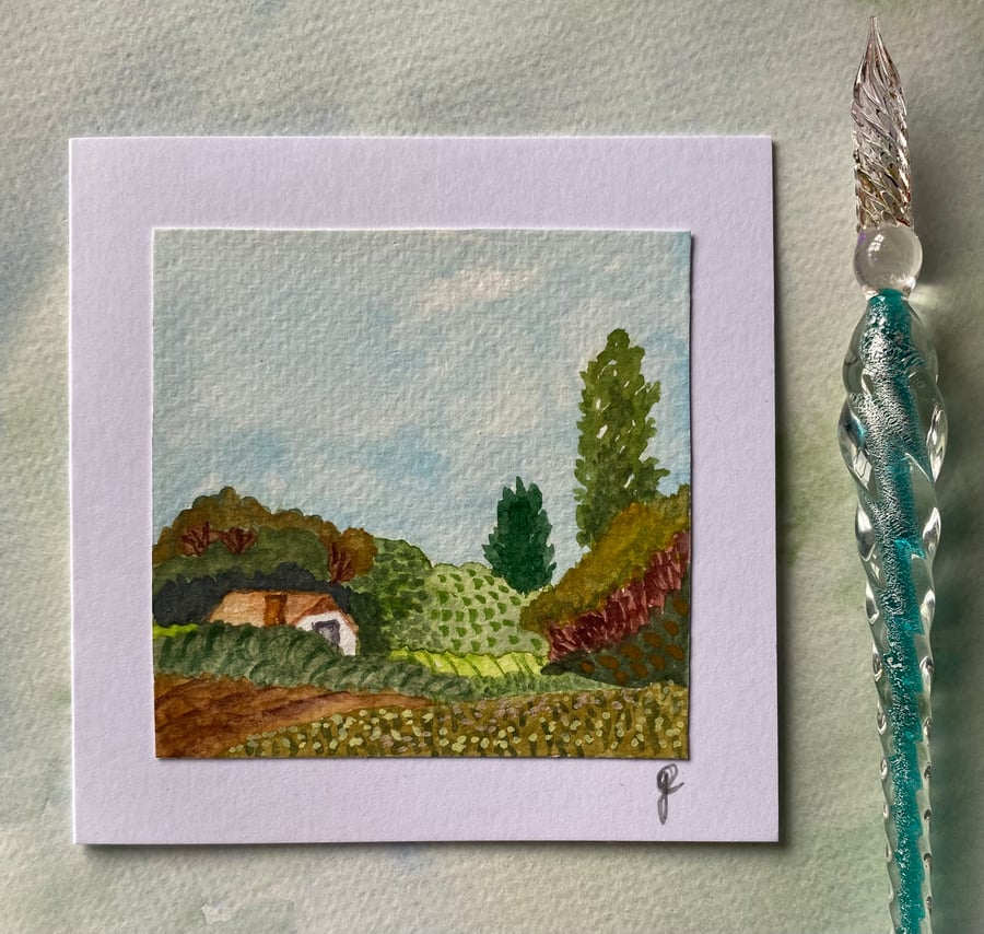 Hand painted country cottage greetings card