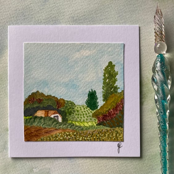 Hand painted country cottage greetings card