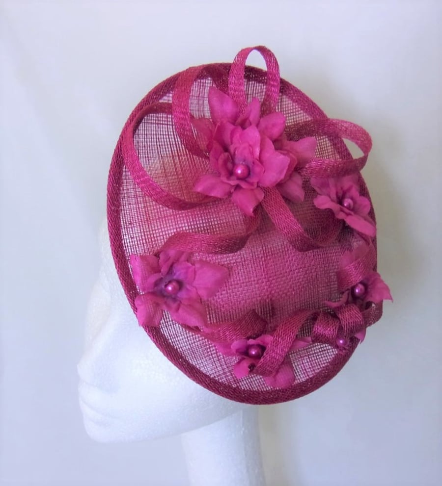 Raspberry Magenta Pink Bespoke Upback Saucer Flower Blossom Wedding Hat 