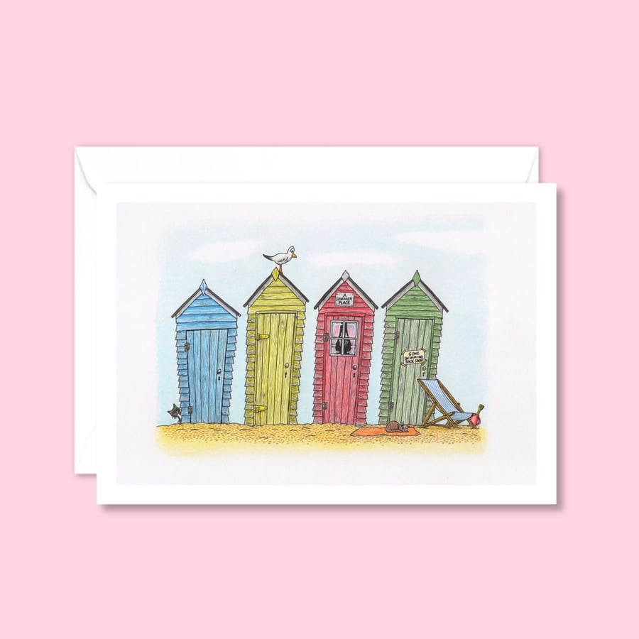 Seaside Beach Huts Greeting Card: Traditional Summer Holiday Illustration (807)