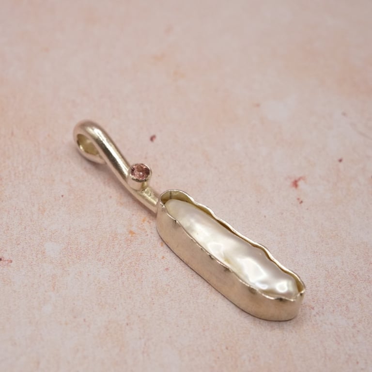 Biwa Pearl and Pink Tourmaline Pendant