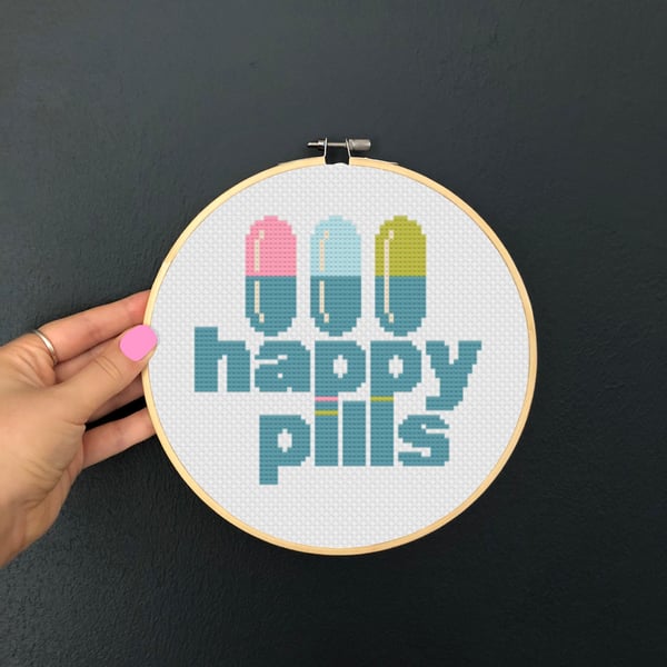 Happy Pills Cross Stitch Pattern: Funny Embroidery Design (PDF Download, 6 inch 