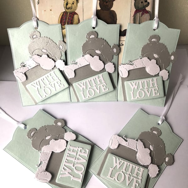 Aquamarine Baby Gift Tags, Handmade Pearl Shimmer With love Set