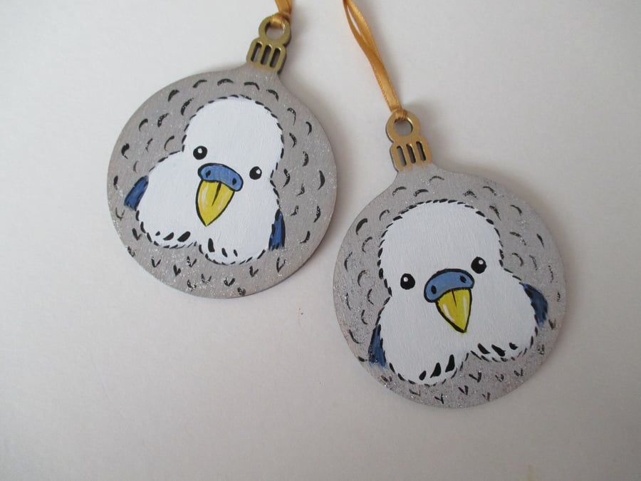 2x Silver Grey Budgie Budgerigar Bird Hanging Christmas Tree Bauble Decorations