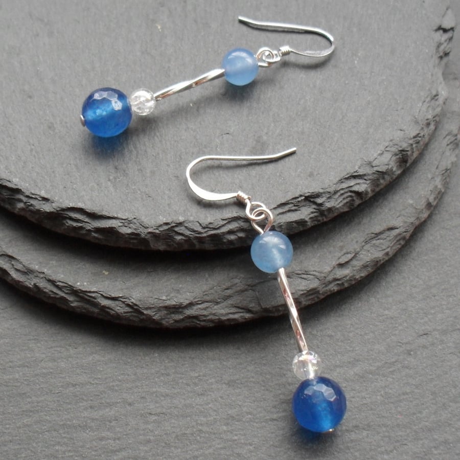 Blue Quartz Dangle Drop Earrings Silver Plate