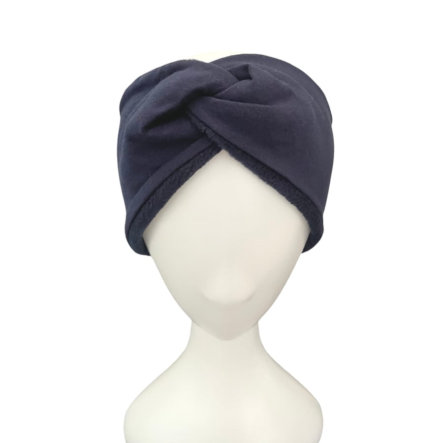 Navy Blue Warm Winter Headband Fleece Lined Soft Chunky Cozy Cotton Ear Warmer 