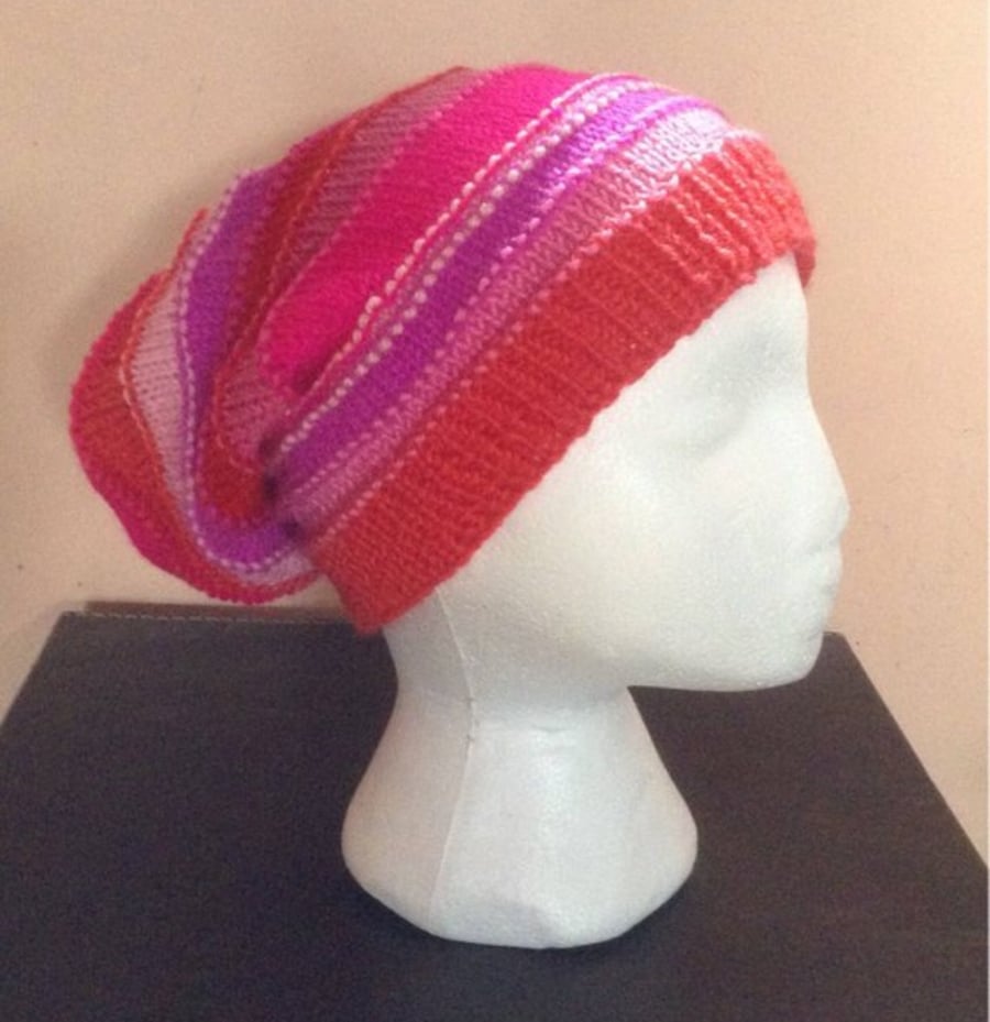 Pink and Red Striped Beanie Hat 