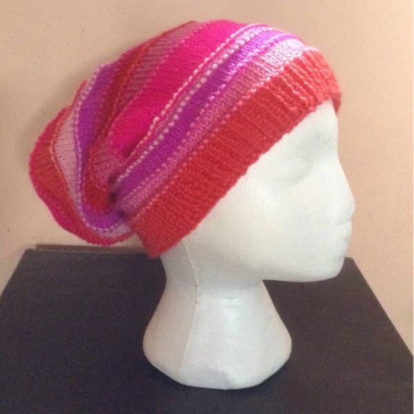 Pink and Red Striped Beanie Hat 