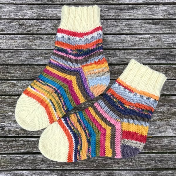 Hand knitted children’s scrappy socks, wool, UK (kids) 9-19 EU 27-28