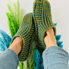Lime & Blue Crochet Slipper Socks – Handmade Cosy Socks