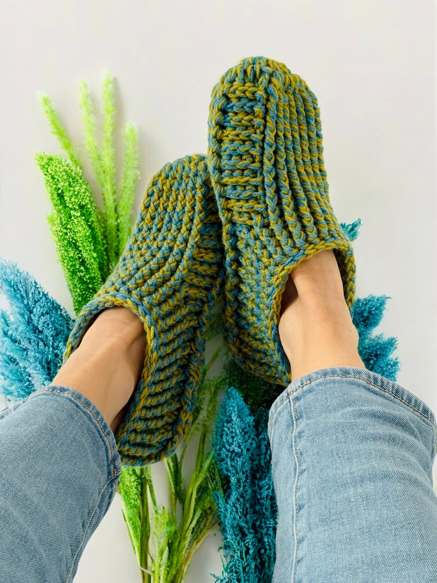 Lime & Blue Crochet Slipper Socks – Handmade Cosy Socks