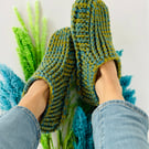 Lime & Blue Crochet Slipper Socks – Handmade Cosy Socks