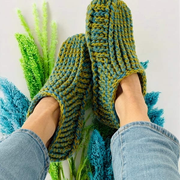 Lime & Blue Crochet Slipper Socks – Handmade Cosy Socks