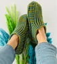 Lime & Blue Crochet Slipper Socks – Handmade Cosy Socks