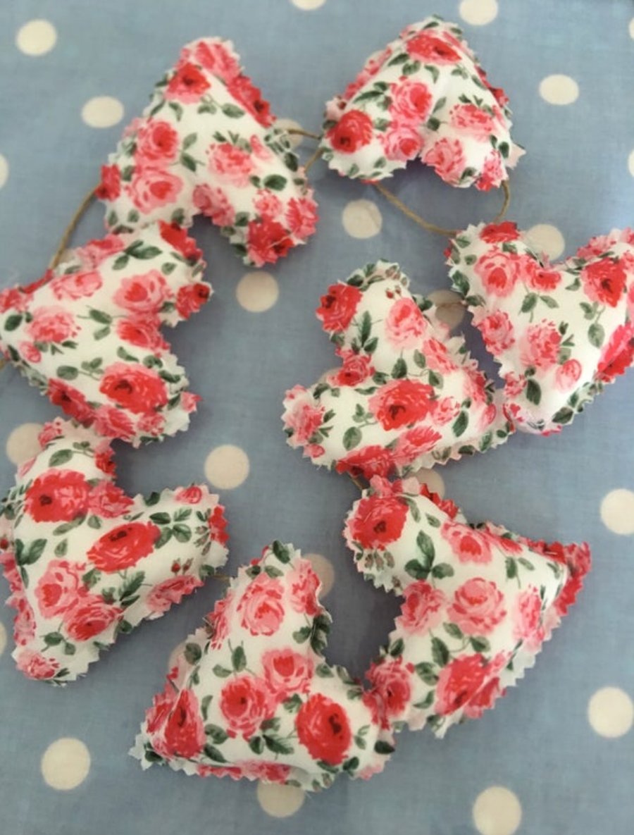 Heart garland in red floral fabrics and twine
