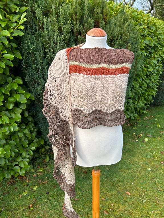 Long shallow crescent shawl oversized scarf in soft Autumn inspired wool yarn