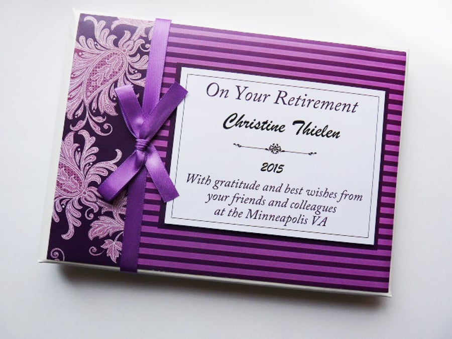 Purple Retirement Guest book, plum purple retirement keepsake, gift