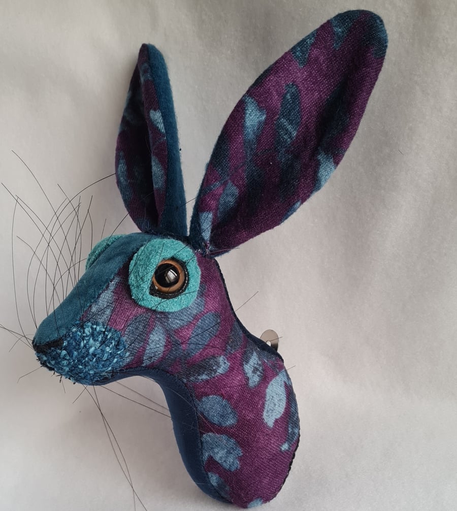 Faux hare head wall mount in teal and purple fabric- Harriet