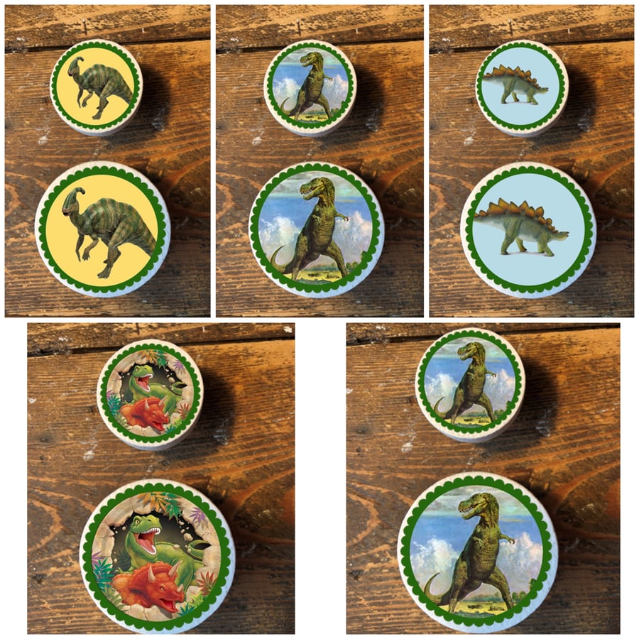 Handmade Dinosaur Jurassic pine door knobs wardrobe drawer handles decoupaged