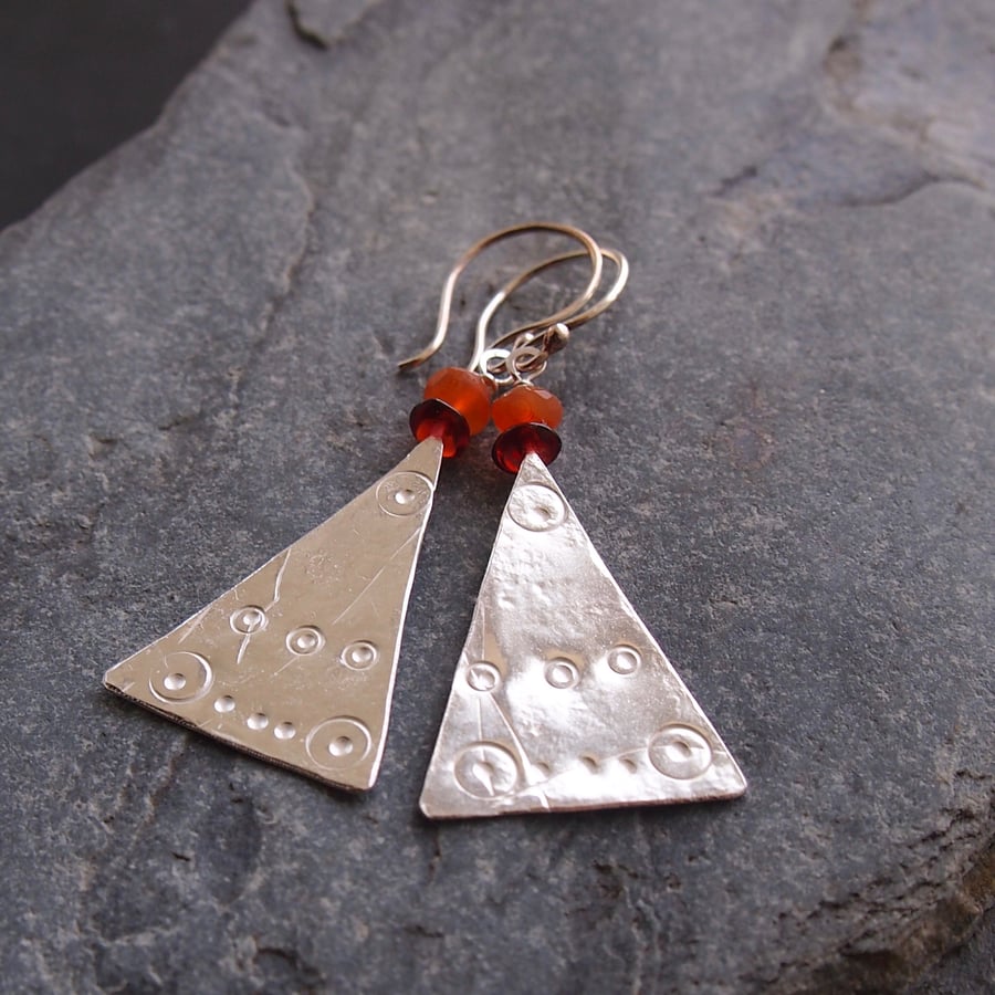 Sterling Silver Triangle Earrings with Garnet and Carnelian.