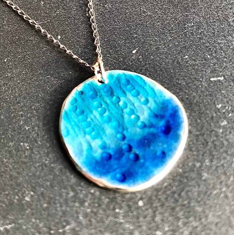 Sea Fossil Pendant, enamel pendant, fossil jewelery, blue enamel pendant, enamel