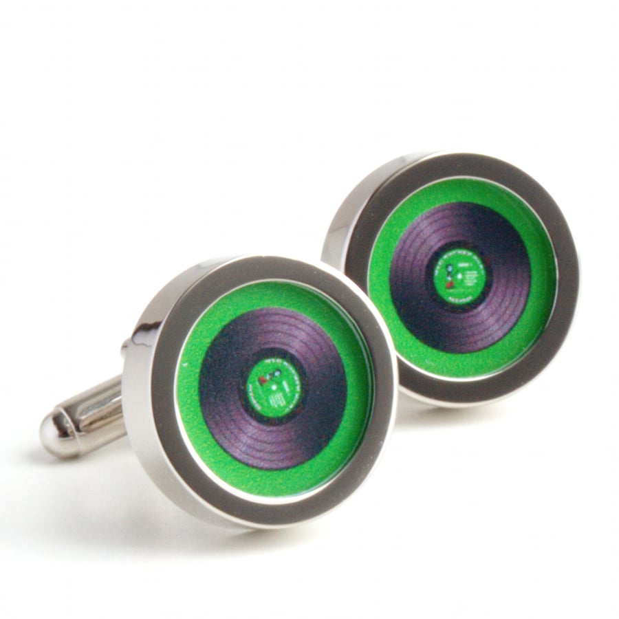 Vinyl DJ Cuff Links in Green, Spin the Record Right Round Baby Cufflinks