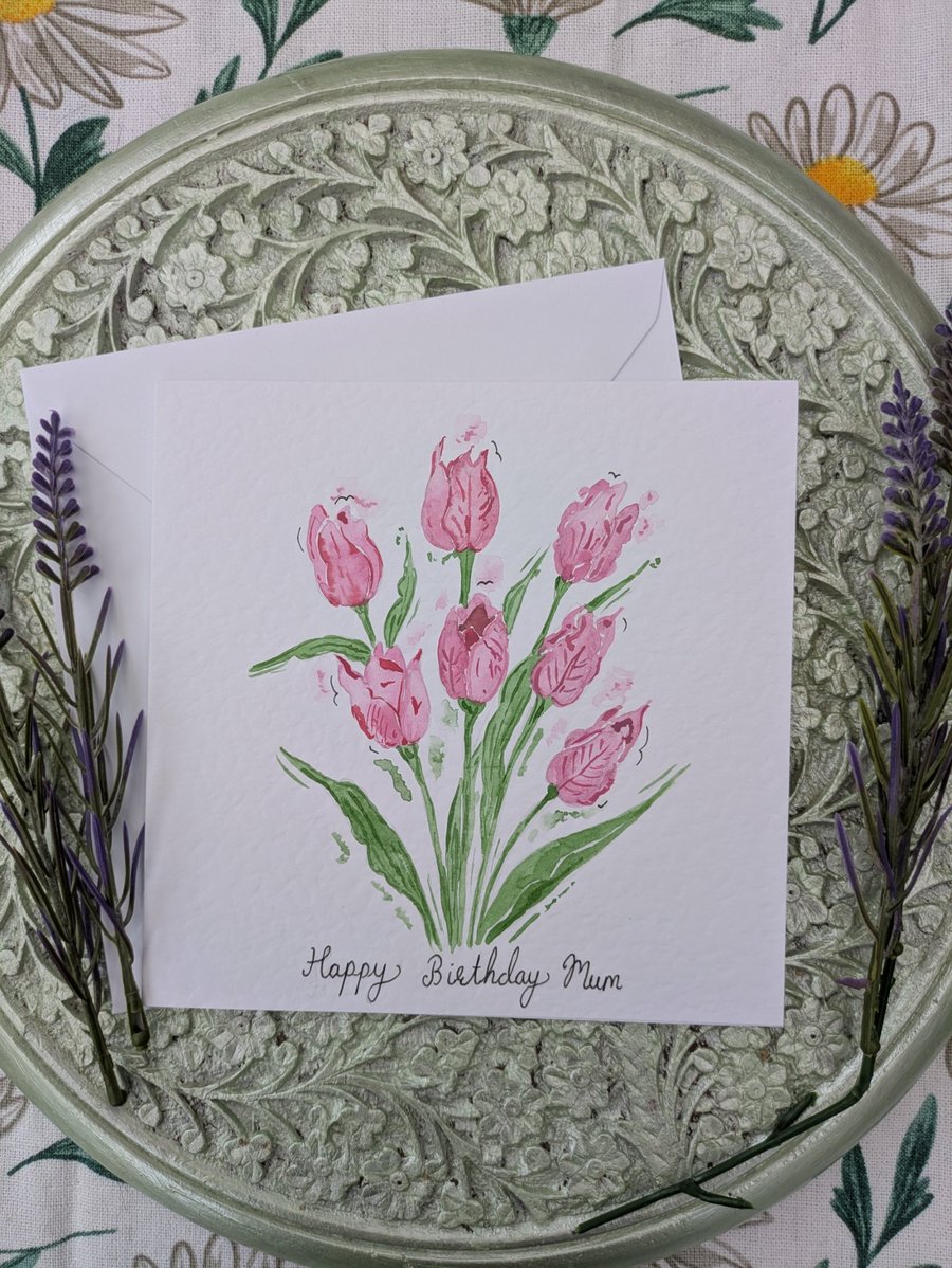Tulips pink "Mum" hand-painted Birthday card 