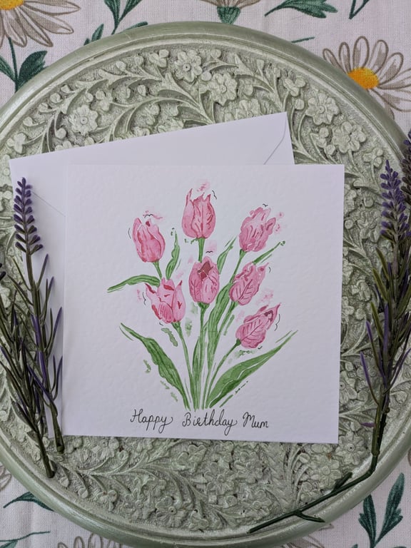 Tulips pink "Mum" hand-painted Birthday card 