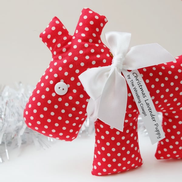 SALE Christmas Lavender Sachet Dog, Red and White Spot Fabric Scented Sachet
