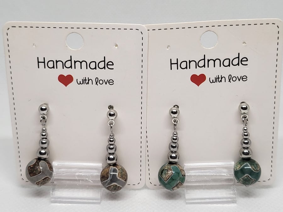 Dzi Style Agate Earrings - Grey Brown Natural Stone - Stainless Steel - Handmade