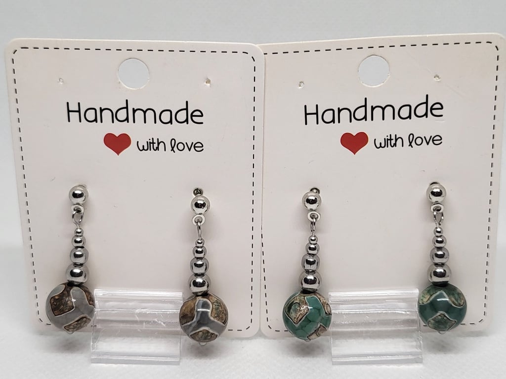 Dzi Style Agate Earrings - Grey Brown Natural Stone - Stainless Steel - Handmade