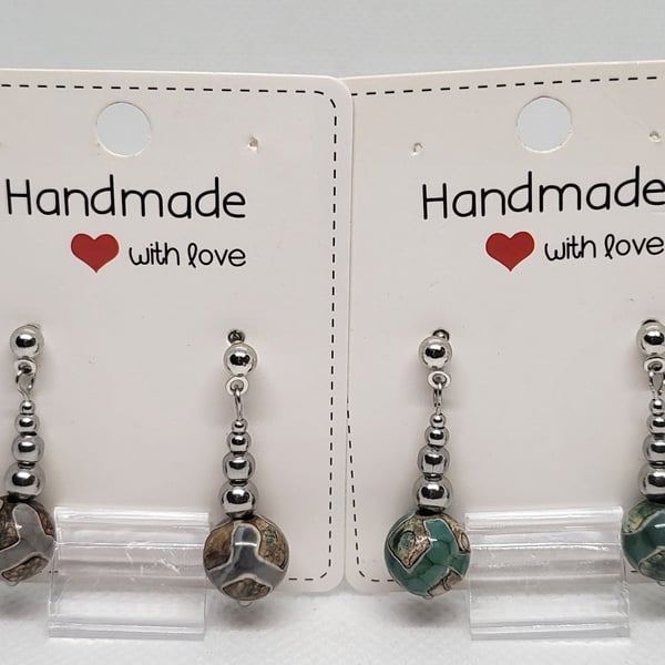 Dzi Style Agate Earrings - Grey Brown Natural Stone - Stainless Steel - Handmade