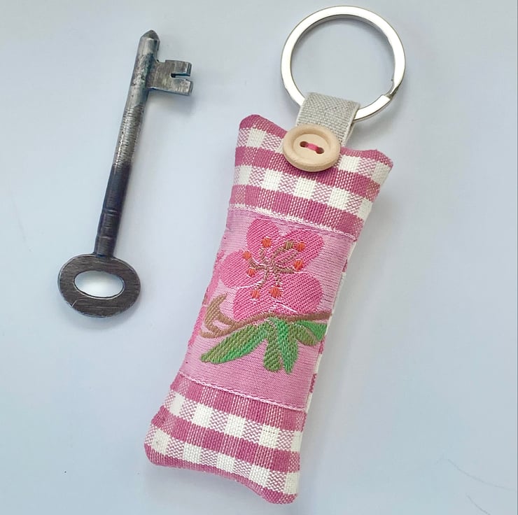 SALE ITEM - CHERRY BLOSSOM KEY RING - pink gingham - Folksy