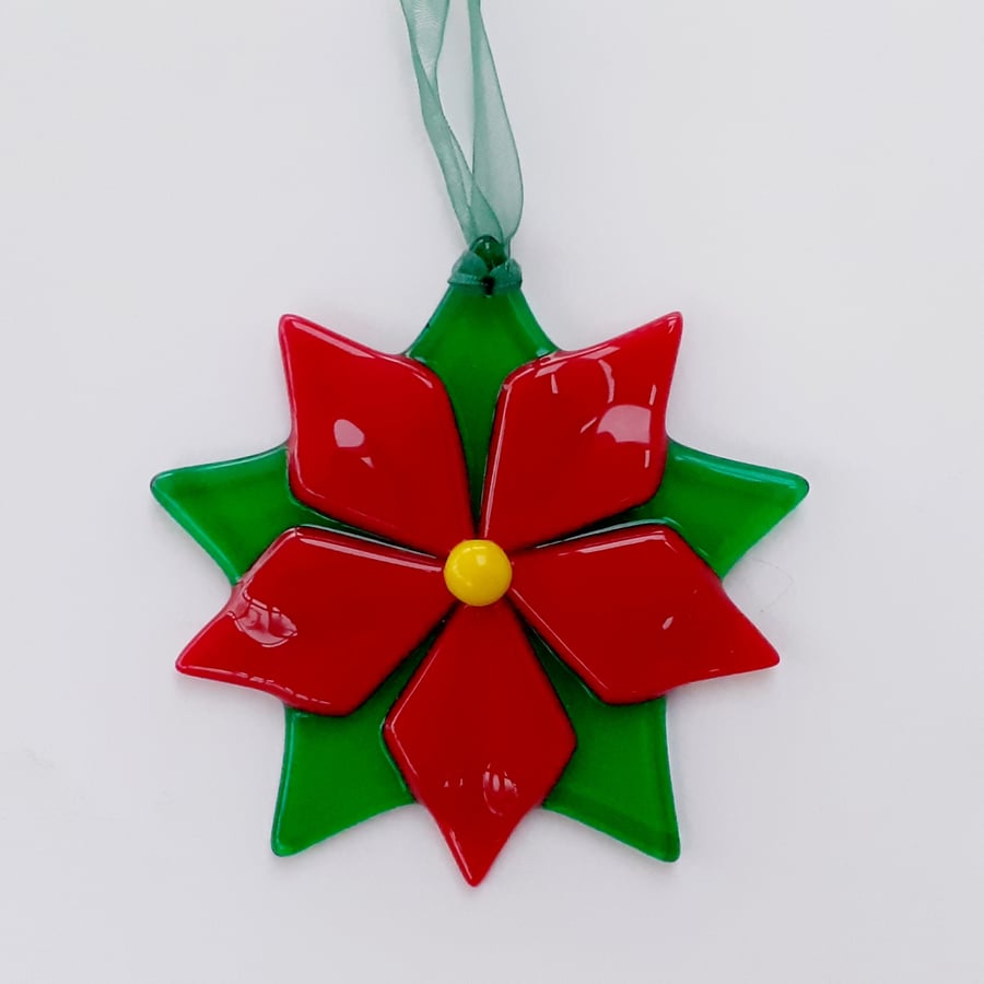 Fused glass poinsettia Christmas hanging decoration