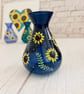 Small Blue Glass Vase Hand Painted With Sunflowers  - Image 4