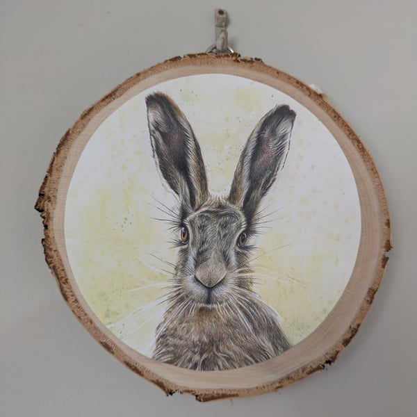 Hare print on birch wood disk