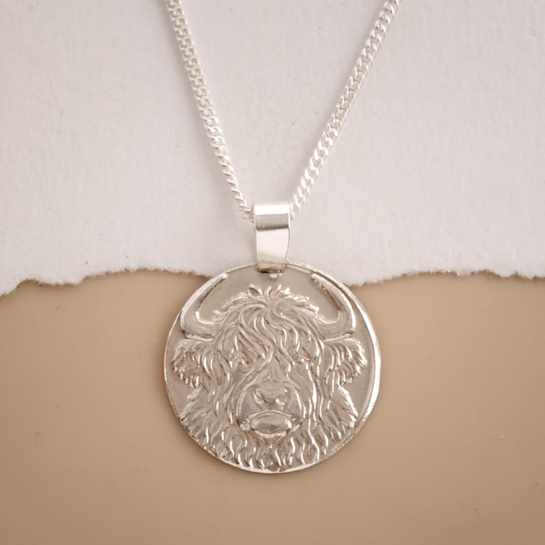 Highland Cow Engraved Sterling Silver Coin Necklace