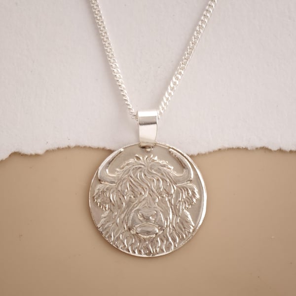 Highland Cow Engraved Sterling Silver Coin Necklace