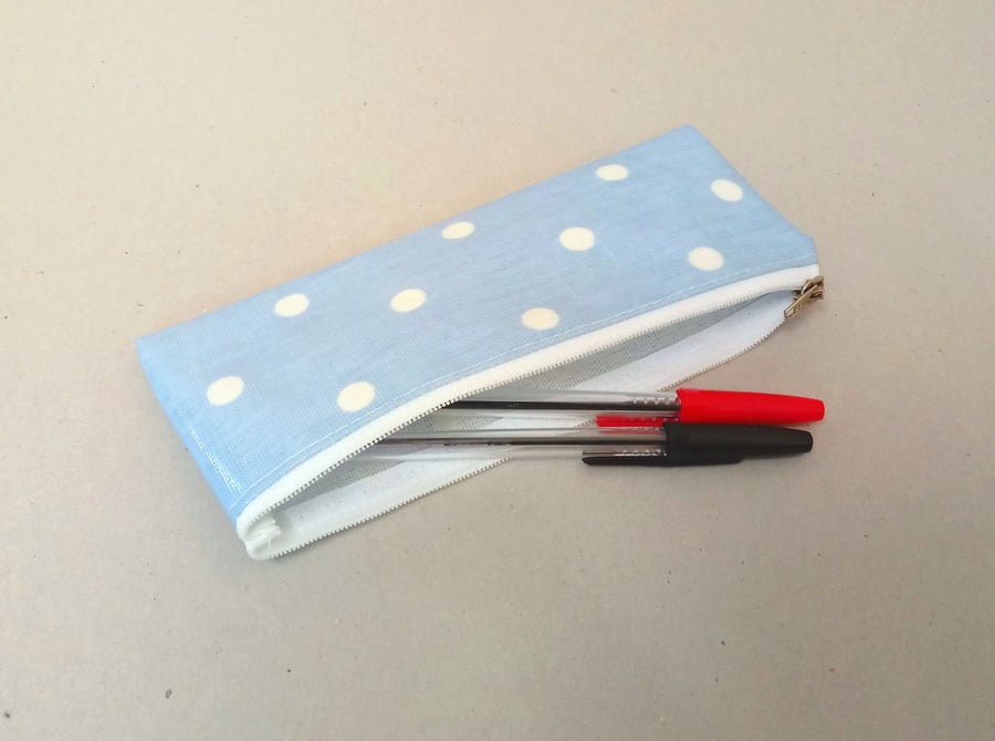 Pale blue pencil case with white spots, handmade in oilcloth