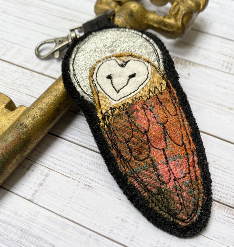 Embroidered upcycled owl key ring or bag charm. 