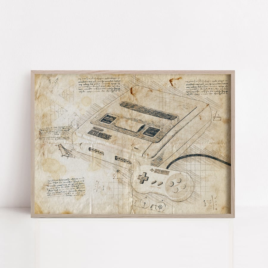 SNES retro Sepia Da Vinci Style print