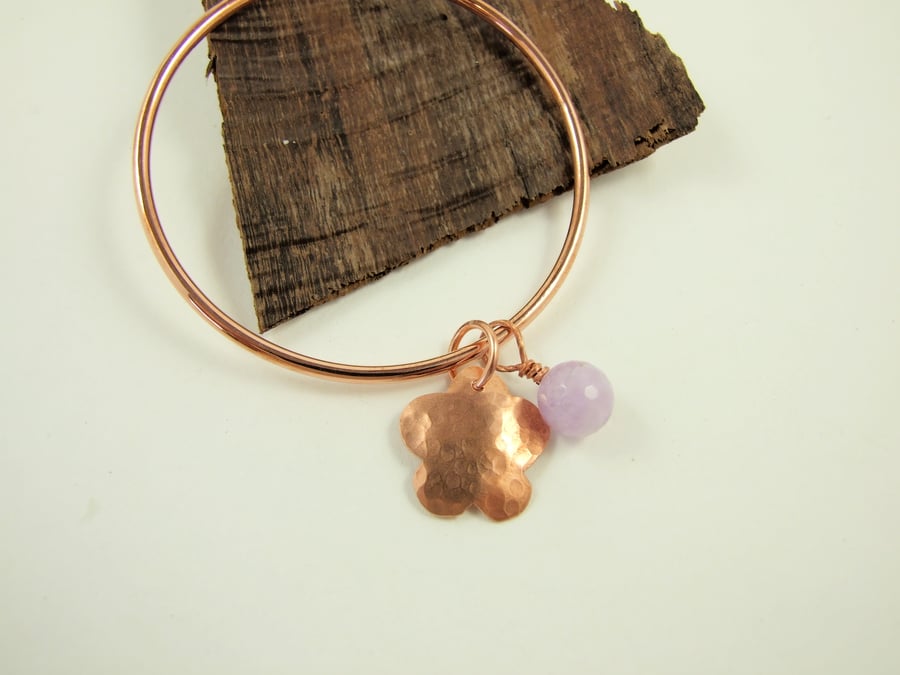 Copper Bangle, with Hammered Flower Charm and Amethyst Gemstone