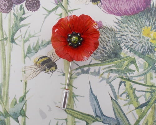 RED POPPY PIN Red Wedding Corsage Remembrance Lapel Flower Brooch HAND PAINTED