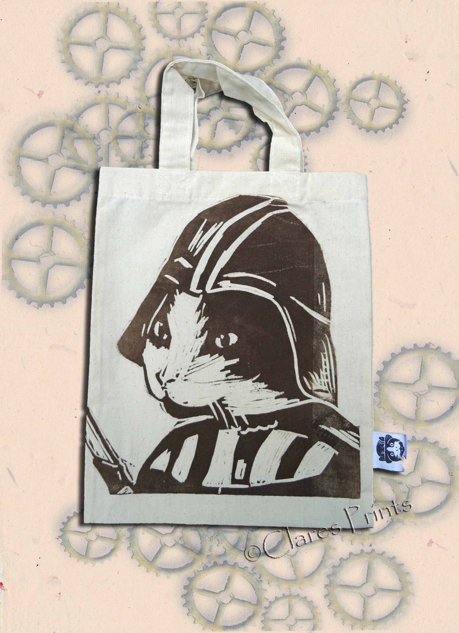 Darth Vadar Cat Tote Hand Printed Cream Mini Tote Shopping Bag