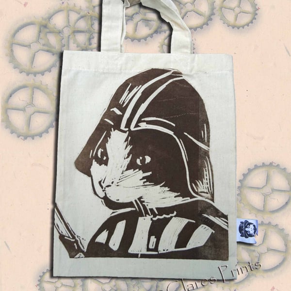 Darth Vadar Cat Tote Hand Printed Cream Mini Tote Shopping Bag