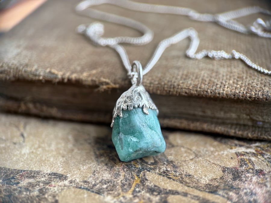 Sterling Silver Rough Emerald Necklace 